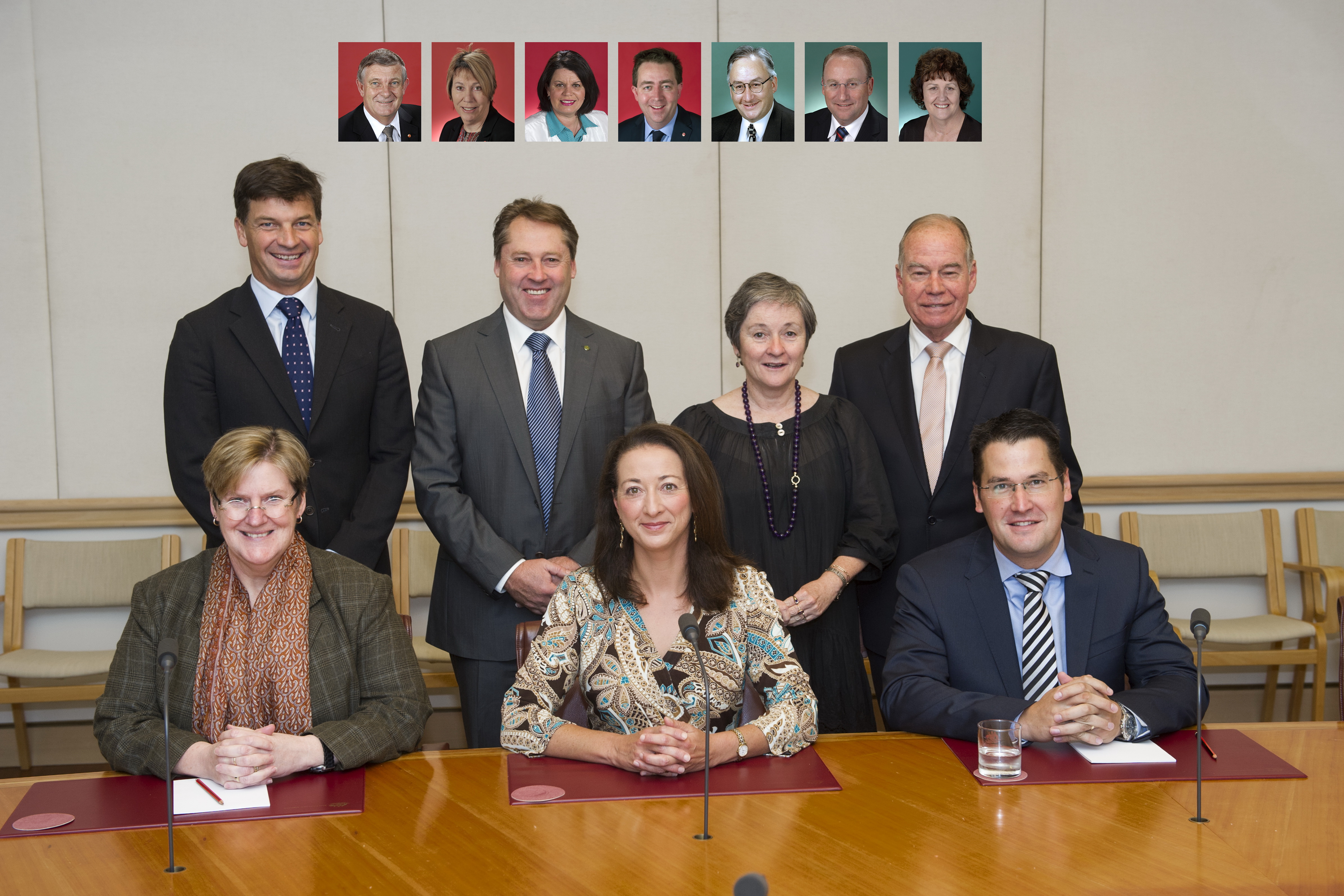 Joint Standing Committee on the Parliamentary Library, 13 September 2012. Inset L-R: Senator Chris Back; Senator Sue Lines, Senator Joanna Lindgren, Senator James McGrath, the Hon. Michael Danby MP, Mr Steve Irons MP and Ms Jill Hall MP. Standing L-R: Mr Angus Taylor MP, Mr Rick Wilson MP; Senator Claire Moore and Mr Russell Broadbent MP. Sitting L-R: Dr Dianne Heriot [Parliamentary Librarian and Committee Secretary], Ms Gai Brodtmann MP [Joint Chair], Senator Zed Seselja [Joint Chair]. DPS Auspic.