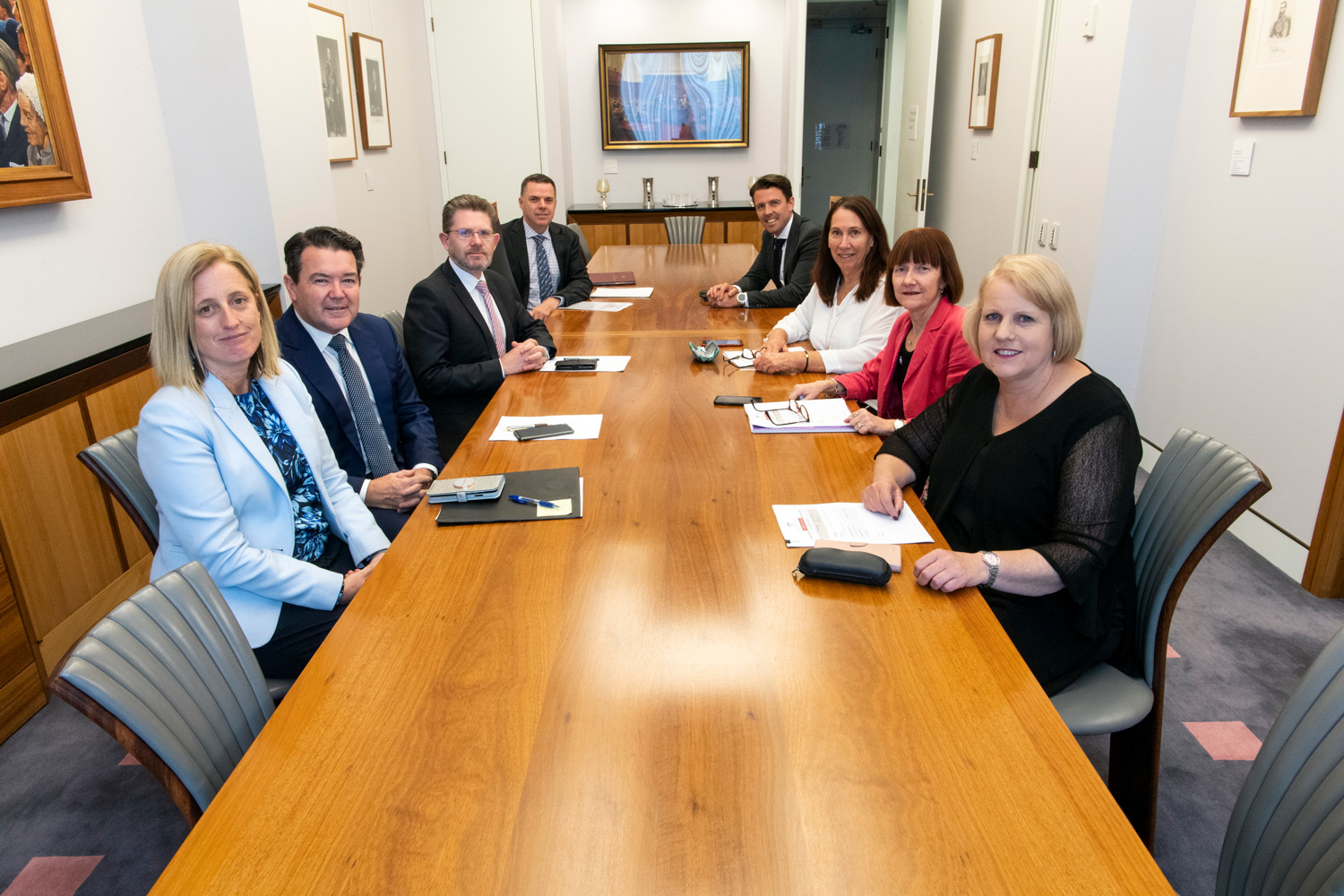 Members of the Procedure Committee, 26 November 2019. L-R: Senators Katy Gallagher,   Dean Smith and Scott Ryan, Richard Pye [Committee Secretary] and Senators Jonathon Duniam, Sue Lines [Chair], Rachel Siewert and Catryna Bilyk.    