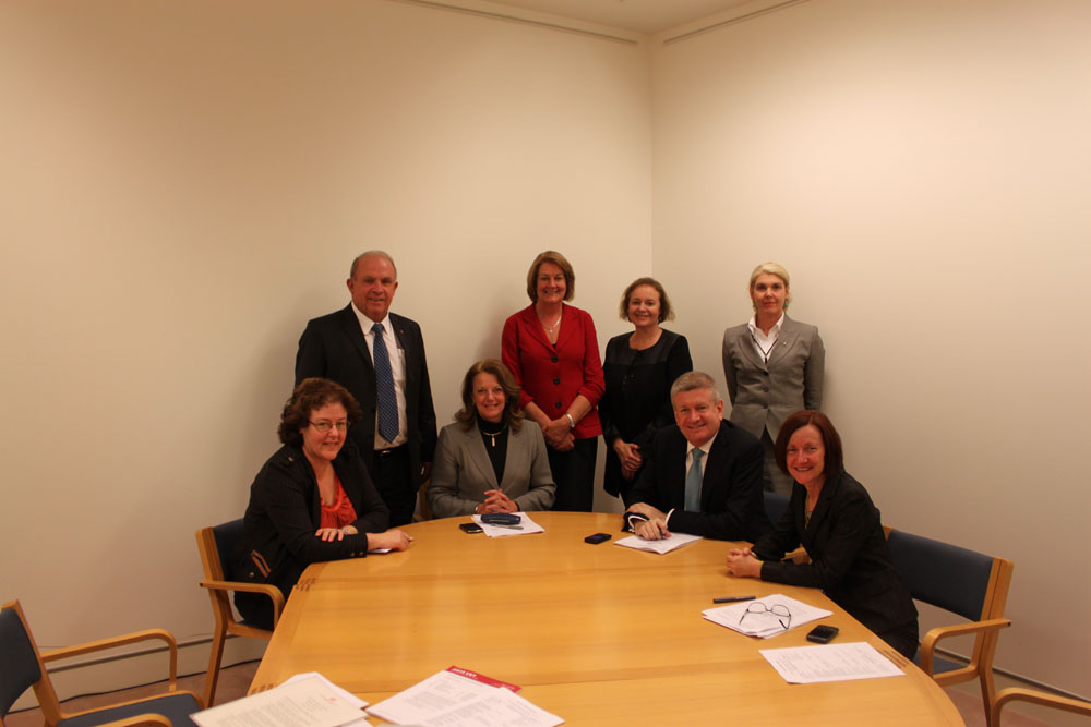 Group portrait of members and staff of the Selection of Bills Committee, 17 June 2013. Standing L-R: Senators John Williams [The Nationals Whip], Anne McEwen [Chair; Government Whip] and Carol Brown, and Maureen Weeks [Secretary]. Seated L-R: Senators Jacinta Collins, Helen Kroger [Opposition Whip], Mitch Fifield and Rachel Siewert [Australian Greens Whip].