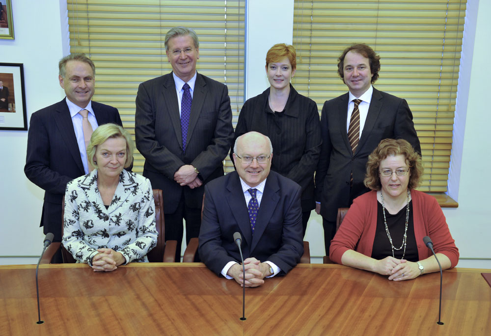 Standing Committee of Privileges, 13 March 2010. Standing L-R: Senators Donald Farrell, Kerry O'Brien, Marise Payne and John McGauran. Seated L-R: Senators Jan McLucas, George Brandis and Jacinta Collins. DPS Auspic.