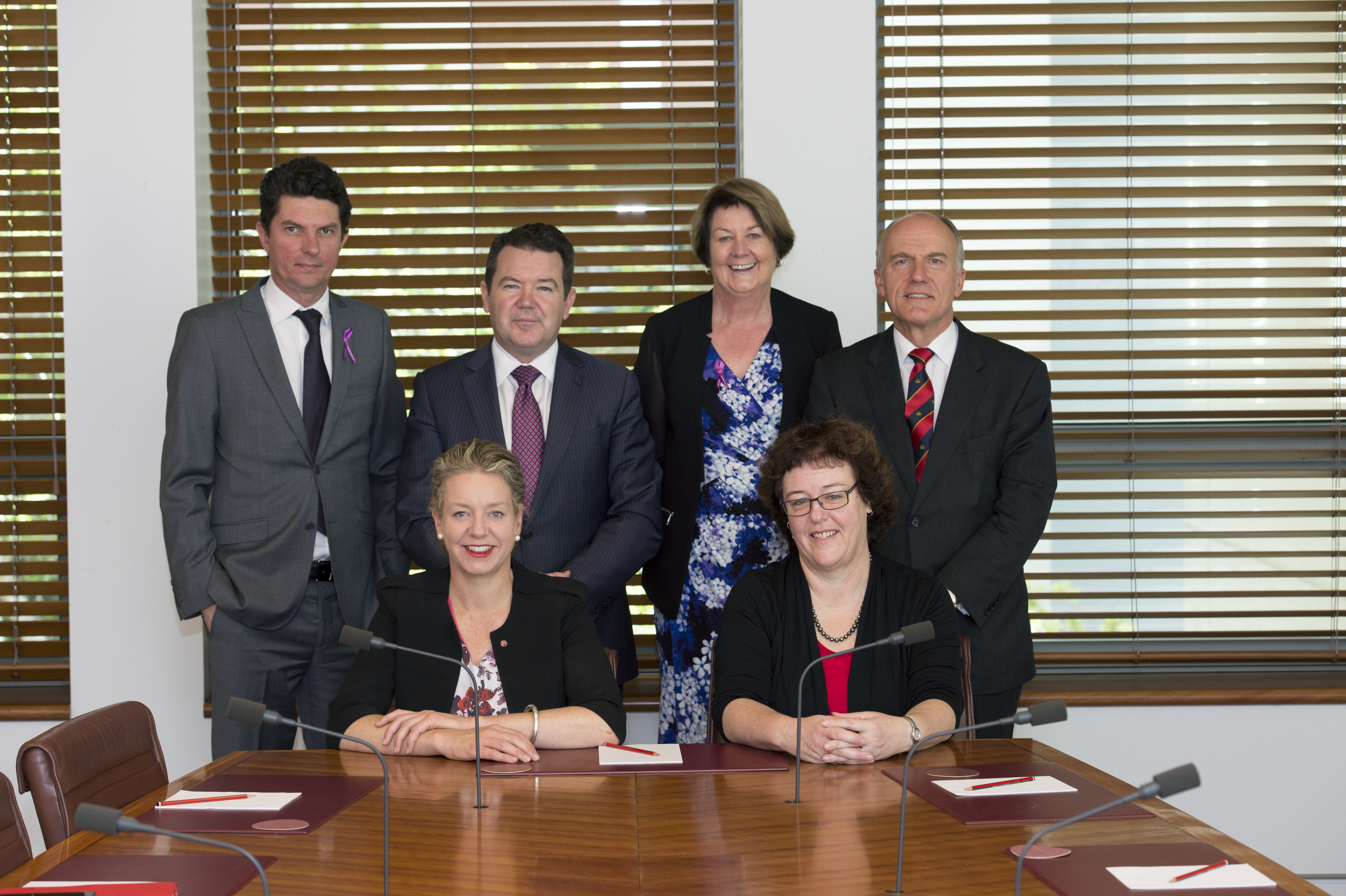 Standing Committee of Privileges, 2 March 2016. Standing L-R: Senators Scott Ludlam,  Dean Smith, Anne McEwen and Eric Abetz. Seated L-R: Senators Bridget McKenzie and Jacinta Collins [Chair]. DPS Auspic.