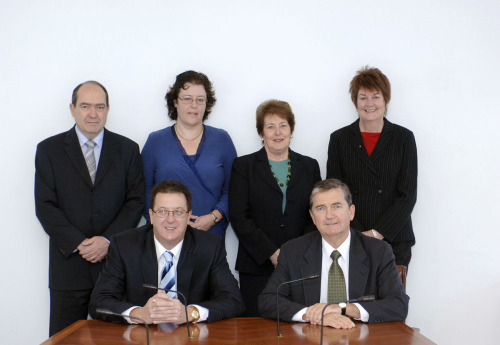 Senate Scrutiny of Bills Committee, 25 June 2008. Seated L-R: Senators Mark Bishop [Deputy Chair] and Christopher Ellison [Chair]. Standing L-R:  Senators  Andrew Murray, Jacinta Collins, Anne McEwen and Judith Troeth. 
