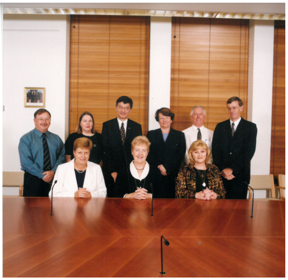 Community Affairs References Committee, 2000. Standing L-R: Elton Humphery [Secretary], Christine McDonald [Principal Research Officer], Senators Tsebin Tchen and Meg Lees, Paul Mackey [Secondee from Parliamentary Library] and Peter Short [Senior Research Officer]. Seated L-R: Senators Sue Knowles [Deputy Chair], Rosemary Crowley [Chair] and Brenda Gibbs.