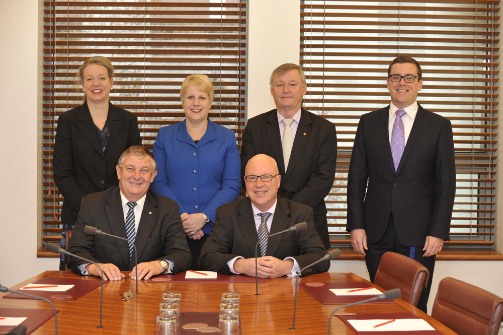 Standing Committees on Education, Employment and Workplace Relations (Legislation and References), 18 June 2013. Standing L-R: Senators Bridget McKenzie, Catryna Bilyk and Alex Gallacher, and Tim Watling [Secretary]. Seated L-R: Senators Chris Back [Chair, References] and Gavin Marshall [Deputy Chair, References]. DPS Auspic.