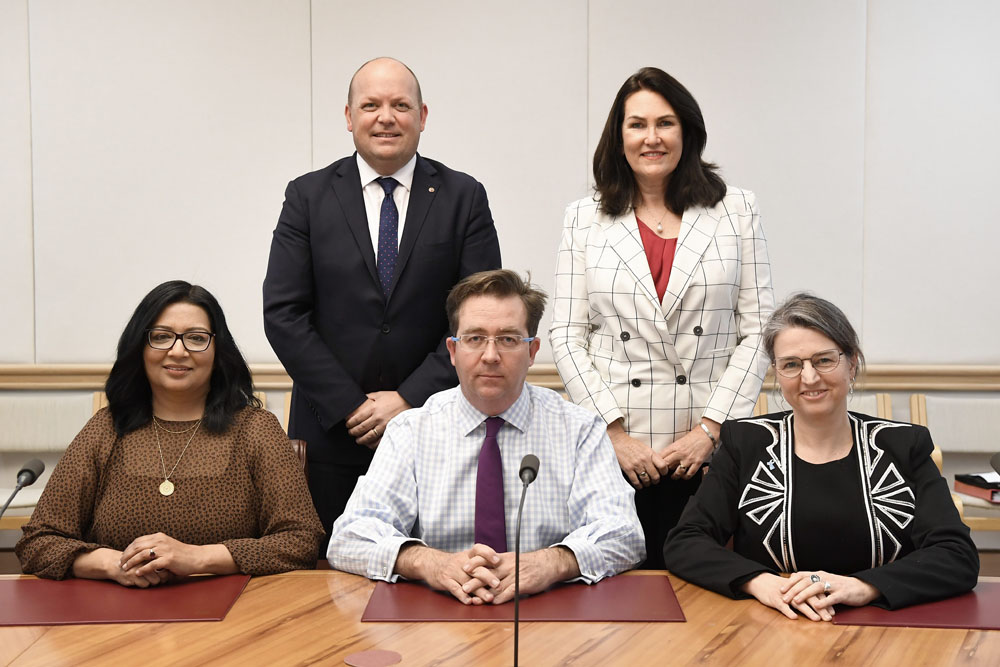 Members of the Education and Employment References Committee, 11 September 2019. Standing L-R: Senators Matt O'Sullivan and Deborah O'Neill . Seated L-R: Senators Mehreen Faruqi, James McGrath [Deputy Chair] and Louise Pratt [Chair].
