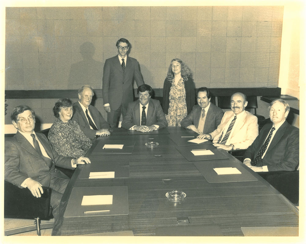Standing Committee on Science and the Environment, including previous secretary Peter Dawe, 1981. Standing L-R: Cleaver Elliott [Research Officer] and Sue Thomson [Research Officer]. Seated L-R: Senators Colin Mason, Jean Melzer, Tony Mulvihill and Don Jessop [Chair], Peter Dawe [former Secretary], Senators Michael Townley and David MacGibbon.