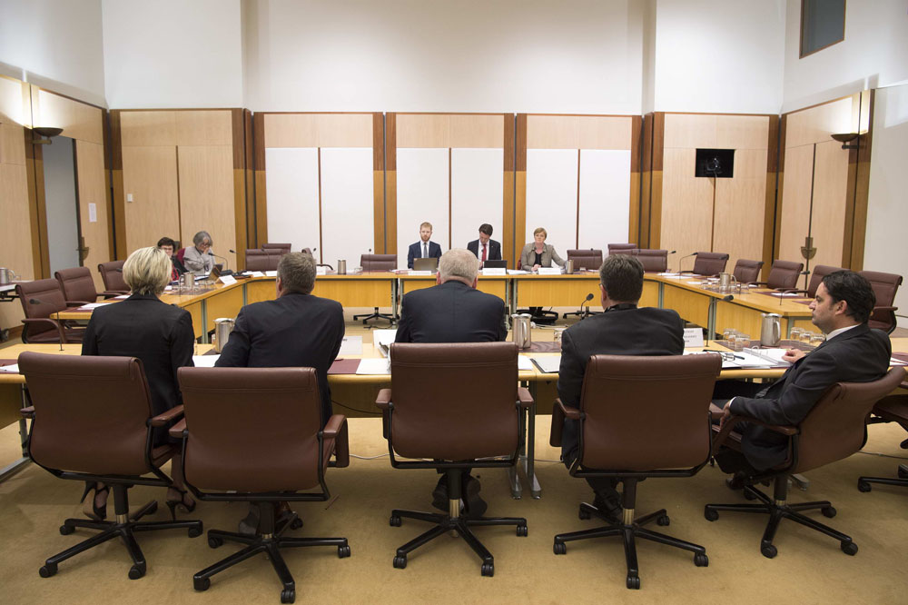 Environment and Communications Legislation Committee supplementary budget estimates hearing, 24 October 2017. Seated facing camera L-R: Senators Anne Urquhart and Claire Moore, Colby Hannan [Acting Secretary], Senators Jonathon Duniam [Chair] and Linda Reynolds. DPS Auspic.