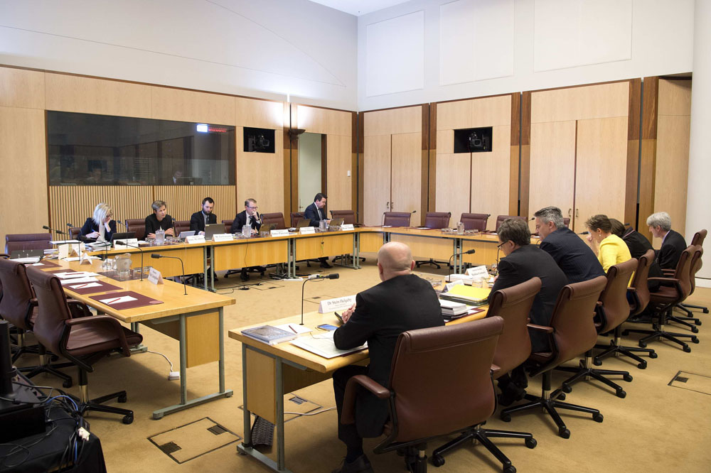 Finance and Public Administration Legislation Committee questioning Senatorthe Hon Mathias Cormann, Minister for Finance, and officers from the Department of Finance and the Future Fund Management Agency at a supplementary budget estimates hearing, 24 October 2017. Seated facing witnesses L-R: Senators Katy Gallagher and Jenny McAllister [Deputy Chair], Tasman Larnach [Acting Secretary], Senators James Paterson [Chair] and Dean Smith. DPS Auspic.