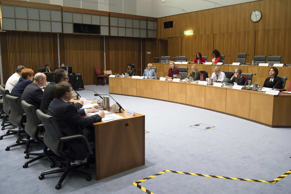 Foreign Affairs, Defence and Trade Legislation Committee supplementary budget estimates hearing, 25 October 2017. Seated in bottom row facing camera L-R: Senators Jacqui Lambie, Malcolm Roberts and Bridget McKenzie [Chair], Lyn Beverley [Secretary], Senators Alex Gallacher [Deputy Chair], Claire Moore and Kimberley Kitching. Seated in top row facing camera L-R: Senators Sue Lines and Malarndirri McCarthy. DPS Auspic.