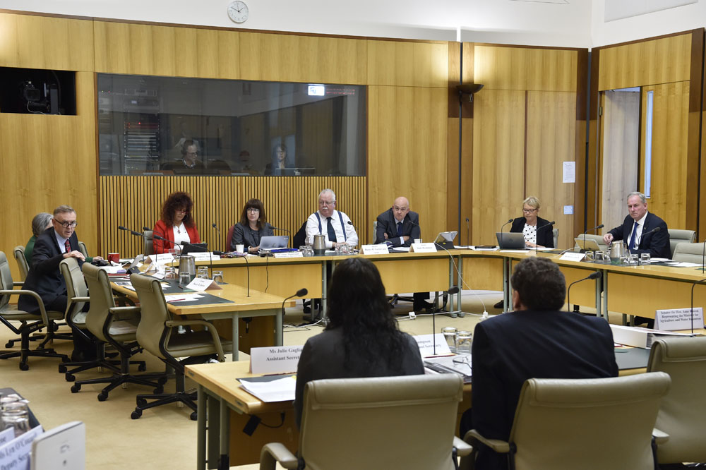 Rural and Regional Affairs and Transport Legislation Committee questioning officers from the Department of Agriculture and Water Resources at a budget estimates hearing, 24 May 2018. Seated facing camera L-R: Senators Chris Ketter, Claire Moore (obscured) and Malarndirri McCarthy [Deputy Chair], Dr Jane Thomson [Secretary], Senators Barry O'Sullivan [Chair], Slade Brockman, Janet Rice and Richard Colbeck. DPS Auspic. 