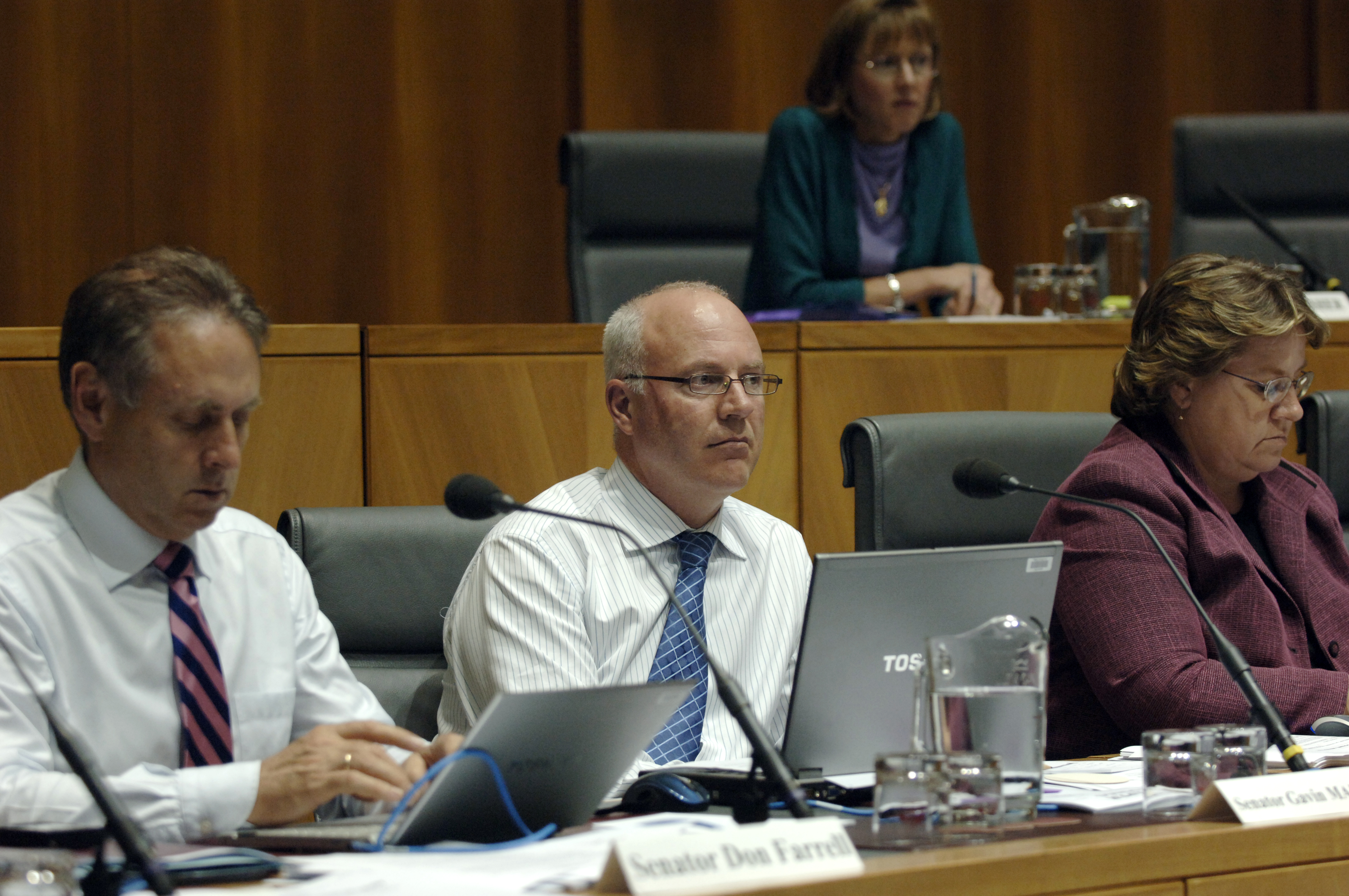 Supplementary budget estimates hearing, 21 October 2008. Senator Mary Jo Fisher seated in top row. Bottom row L-R: Senators Don Farrell, Gavin Marshall and Trish Crossin [Chair]. DPS Auspic. 