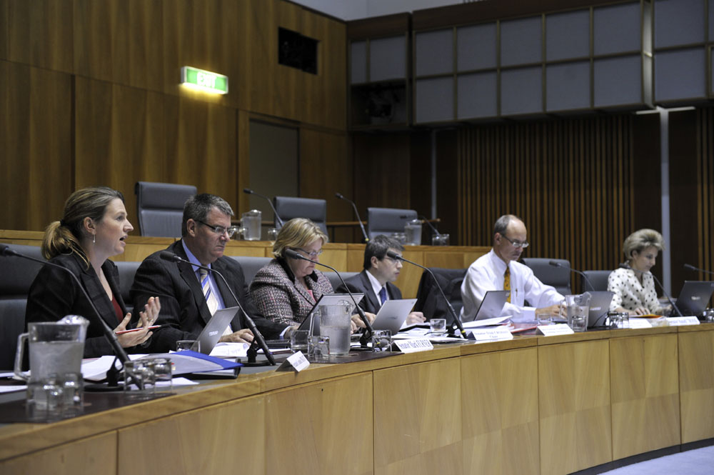 Legal and Constitutional Affairs Legislation Committee budget estimates hearing, 24 May 2011. L-R: Senators Louise Pratt, Mark Furner and Trish Crossin [Chair], Owen Griffiths [Acting Secretary], Senators Guy Barnett [Deputy Chair] and Michaelia Cash. DPS Auspic. 