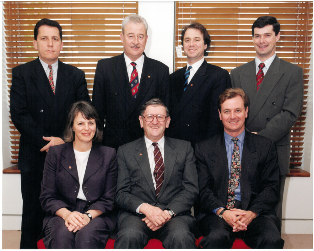 Select Committee on Superannuation, 1996. Standing L-R: Senators Chris Evans, Alan Ferguson, Julian McGauran and Stephen Conroy. Seated L-R: Senators Lyn Allison, John Watson [Chair] and Nick Sherry [Deputy Chair]. DPS Auspic. 