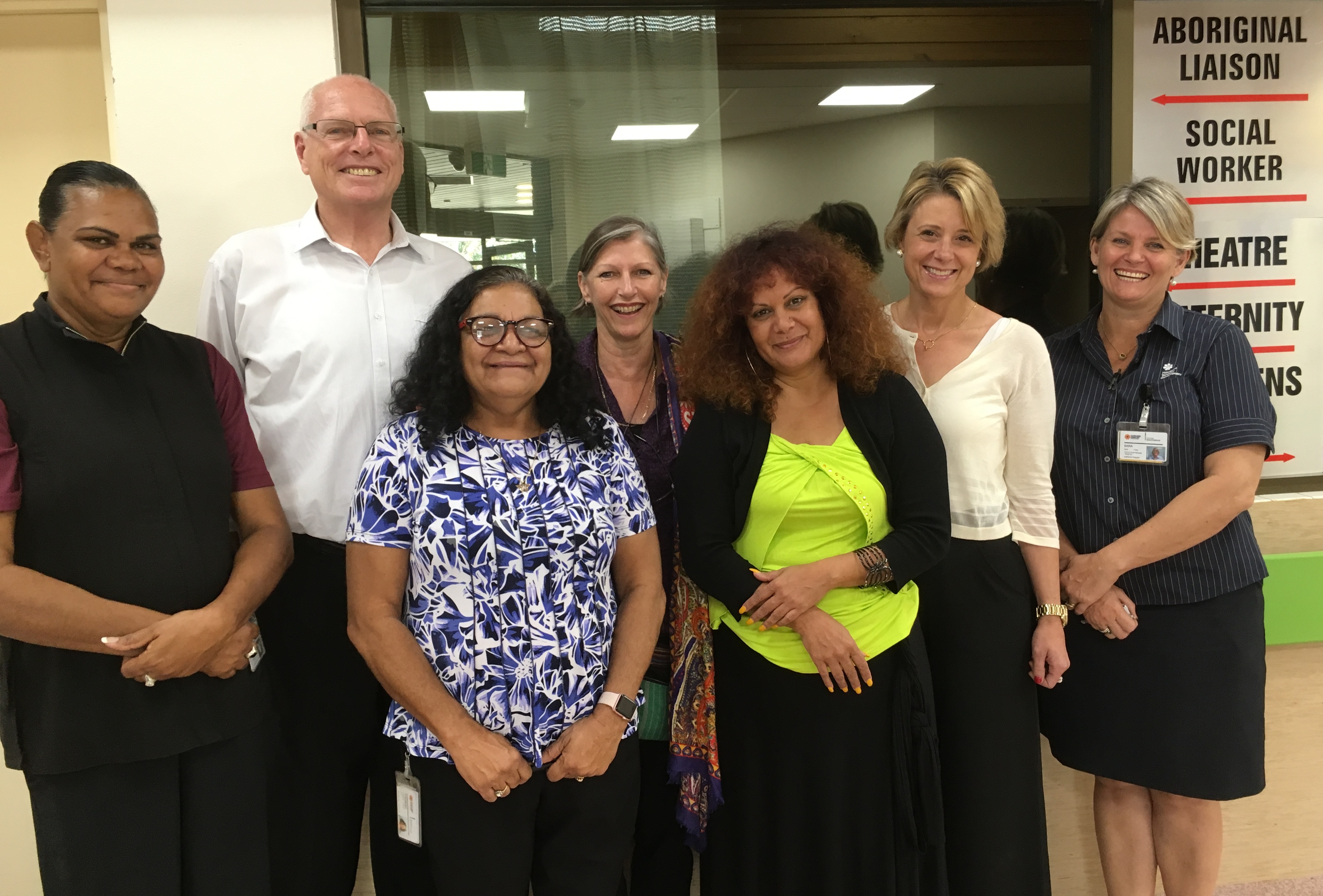 Committee members Senators Jim Molan, Malarndirri McCarthy and Kristina Keneally with staff from Katherine Hospital during a visit to the maternity ward, 5 September 2018.