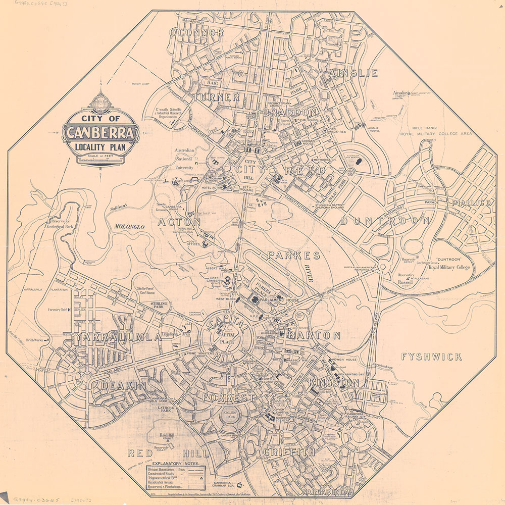 Federal Capital Commission, Survey Branch, City of Canberra, locality plan, revised to ca. 1954 on base map, National Library of Australia, nla.obj-363942949