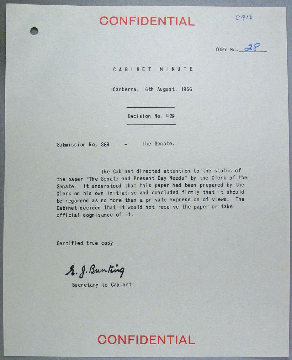 Cabinet decision no. 429 on the 1966 paper by the Clerk of the Senate JR Odgers, ‘The Senate and Present-day Needs’