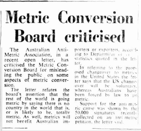 ‘Metric Conversion Board criticised’, The Canberra Times, 22 March 1976, p. 7, http://nla.gov.au/nla.news-article110809438