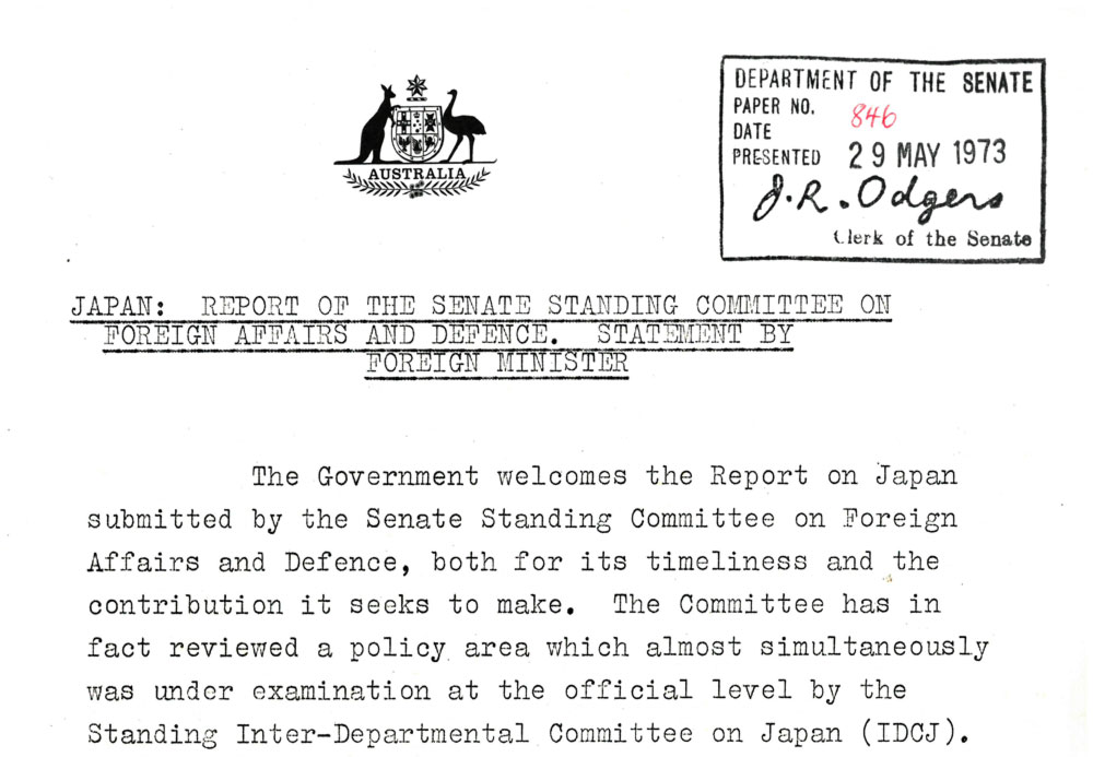 The first government response to a committee report, tabled on 29 May 1973.