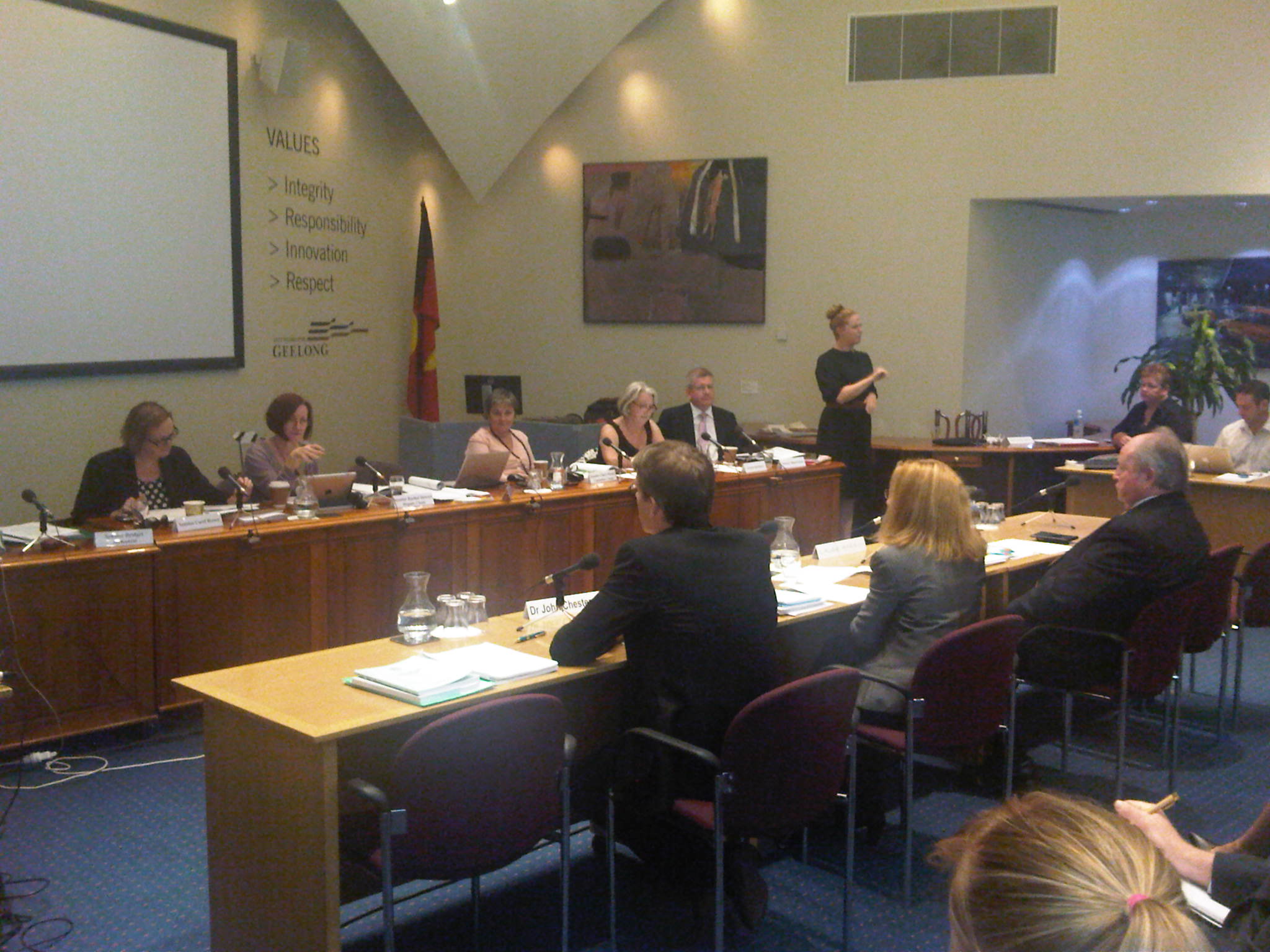 Committee public hearing in Geelong, 20 February 2013. L-R: Senators Carol Brown, Rachel Siewert, Claire Moore, Sue Boyce and Mitch Fifield. Witnesses L-R: Dr John Chesterman, Manager of Policy and Education, Office of the Public Advocate; Lynne Coulson Barr, Deputy Disability Services Commissioner and Laurie Harkin AM, Disability Services Commissioner.