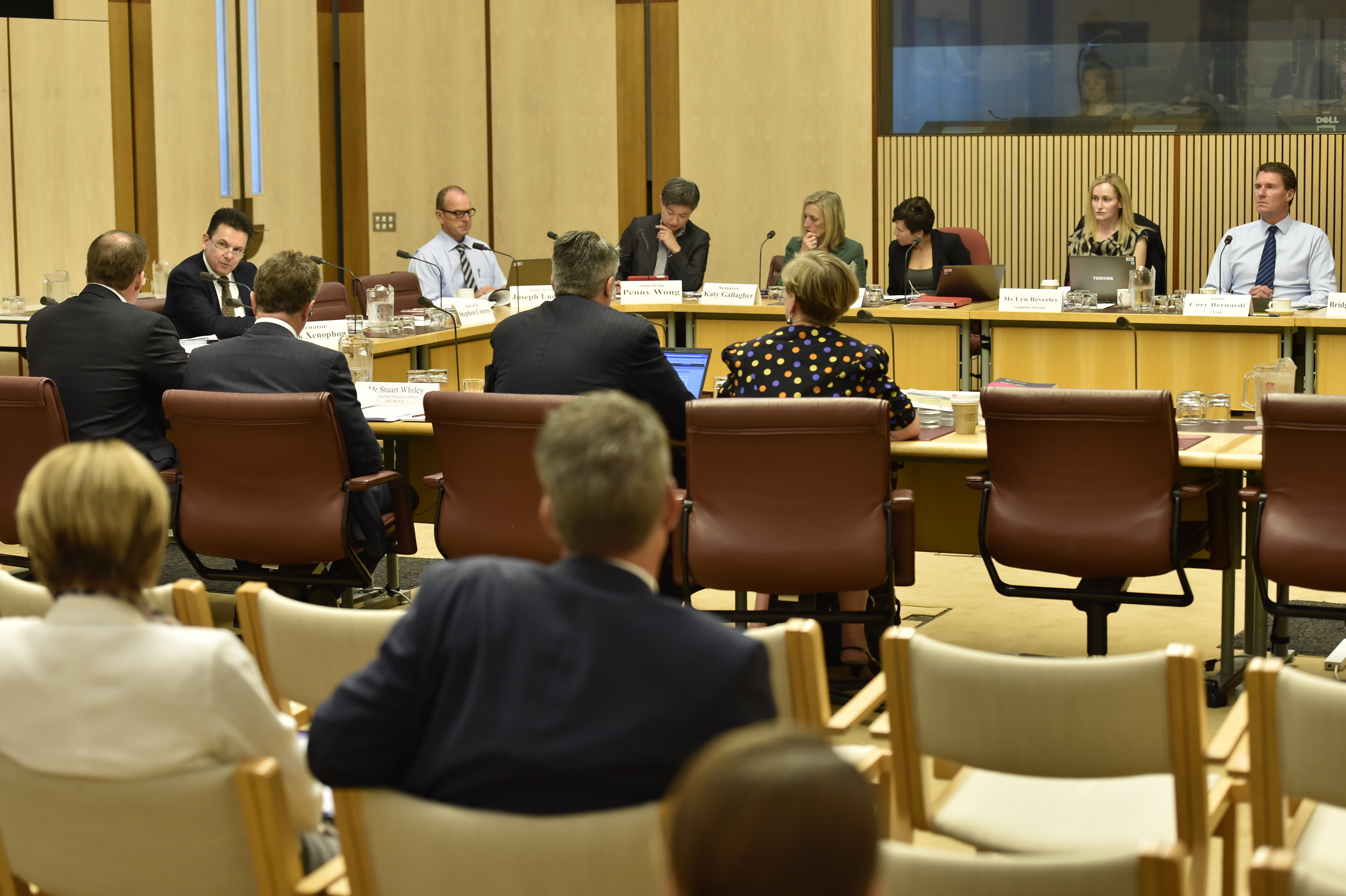 \x3cp\x3eFinance and Public Administration Legislation Committee questioning Senator the Hon Mathias Cormann, Minister for Finance, and officers from the Department of Finance and ASC Pty Ltd at an additional budget estimates hearing, 9 February 2016. Seated facing witnesses L-R: Senators Nick Xenophon, Joe Ludwig, Penny Wong, Katy Gallagher and Jenny McAllister [Deputy Chair], Lyn Beverley [Secretary] and Senator Cory Bernardi [Chair]. DPS Auspic.\x3c/p\x3e