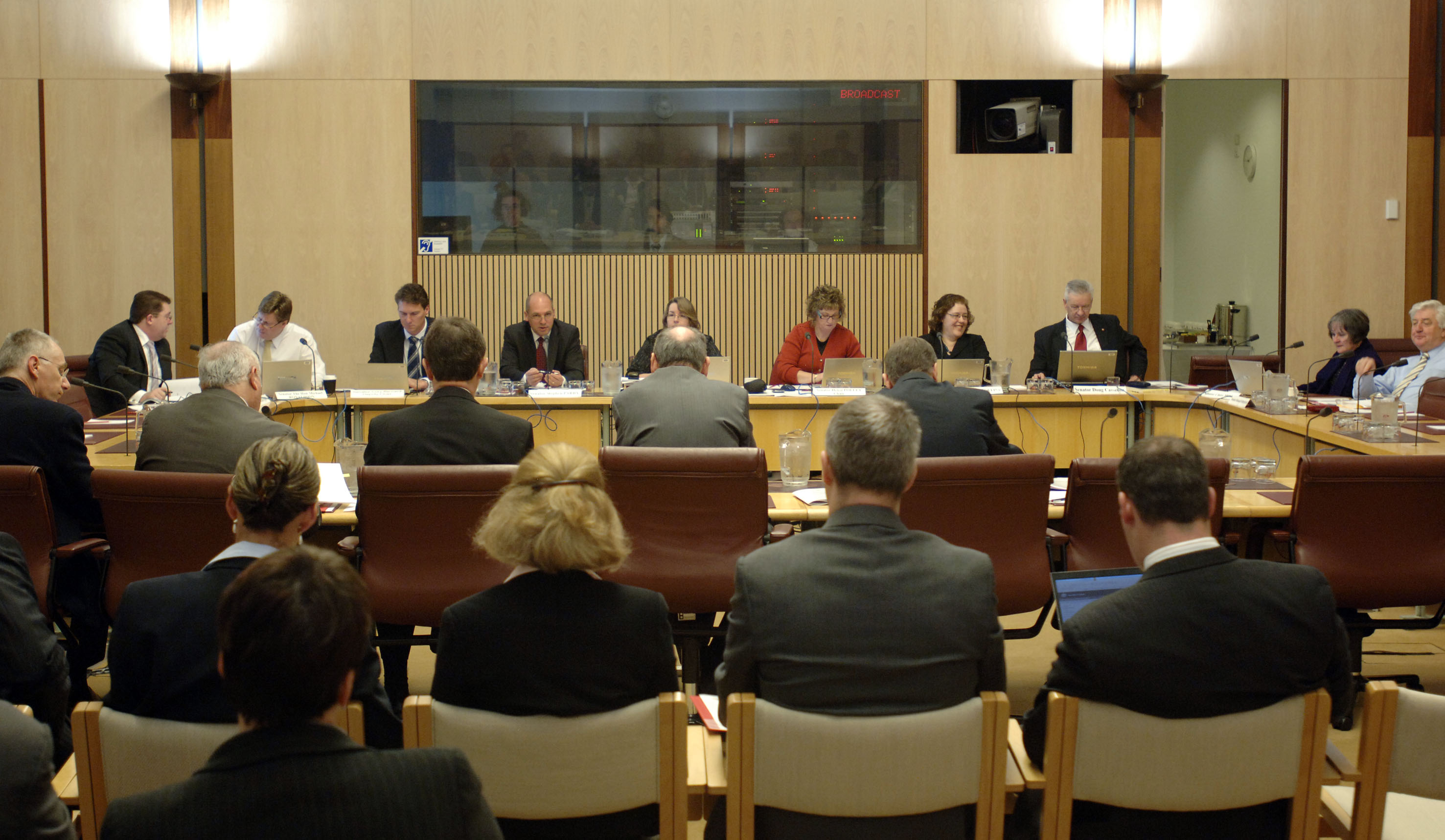 \x3cp\x3eFinance and Public Administration Legislation Committee questioning Senator John Hogg, President of the Senate, and officers from the Department of the Senate at a budget estimates hearing, 25 May 2009. Seated facing witnesses L-R: Senators Scott Ryan, Michael Ronaldson, Cory Bernardi [Deputy Chair] and Stephen Parry, Christine McDonald [Secretary], Senators Helen Polley [Chair], Jacinta Collins, Doug Cameron, Claire Moore and Michael Forshaw. DPS Auspic.\x3c/p\x3e