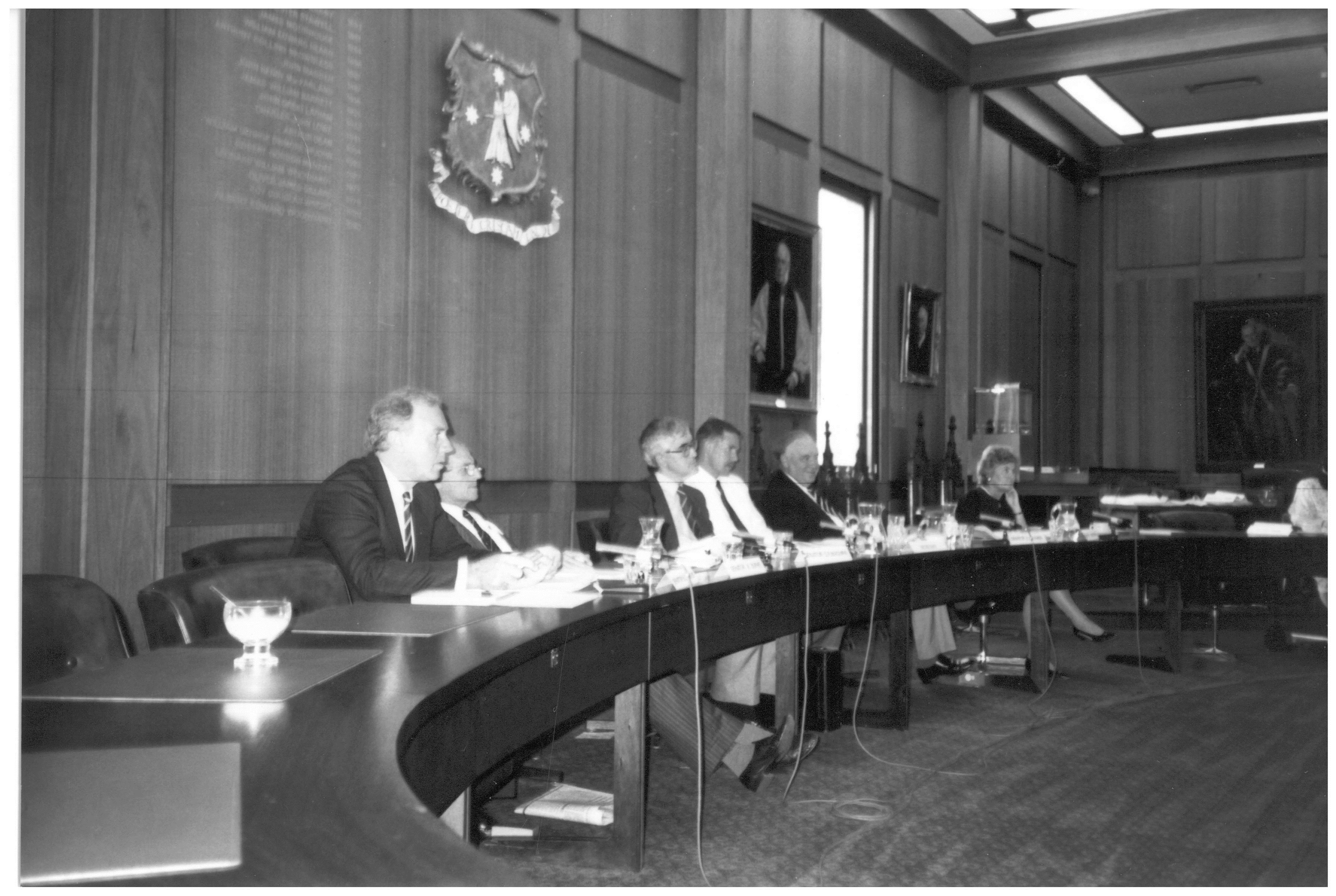 \x3cp\x3eStanding Committee on Foreign Affairs, Defence and Trade public hearing at the University of Melbourne of its inquiry into the implications for Australia of economic and political reform in the Soviet Union, 16 February 1990. L-R: Senators Baden Teague, Bryant Burns and Graham Maguire [Chair], Greg Austin [Secretary], Senators David Hamer [Deputy Chair] and Jocelyn Newman.\x3c/p\x3e
