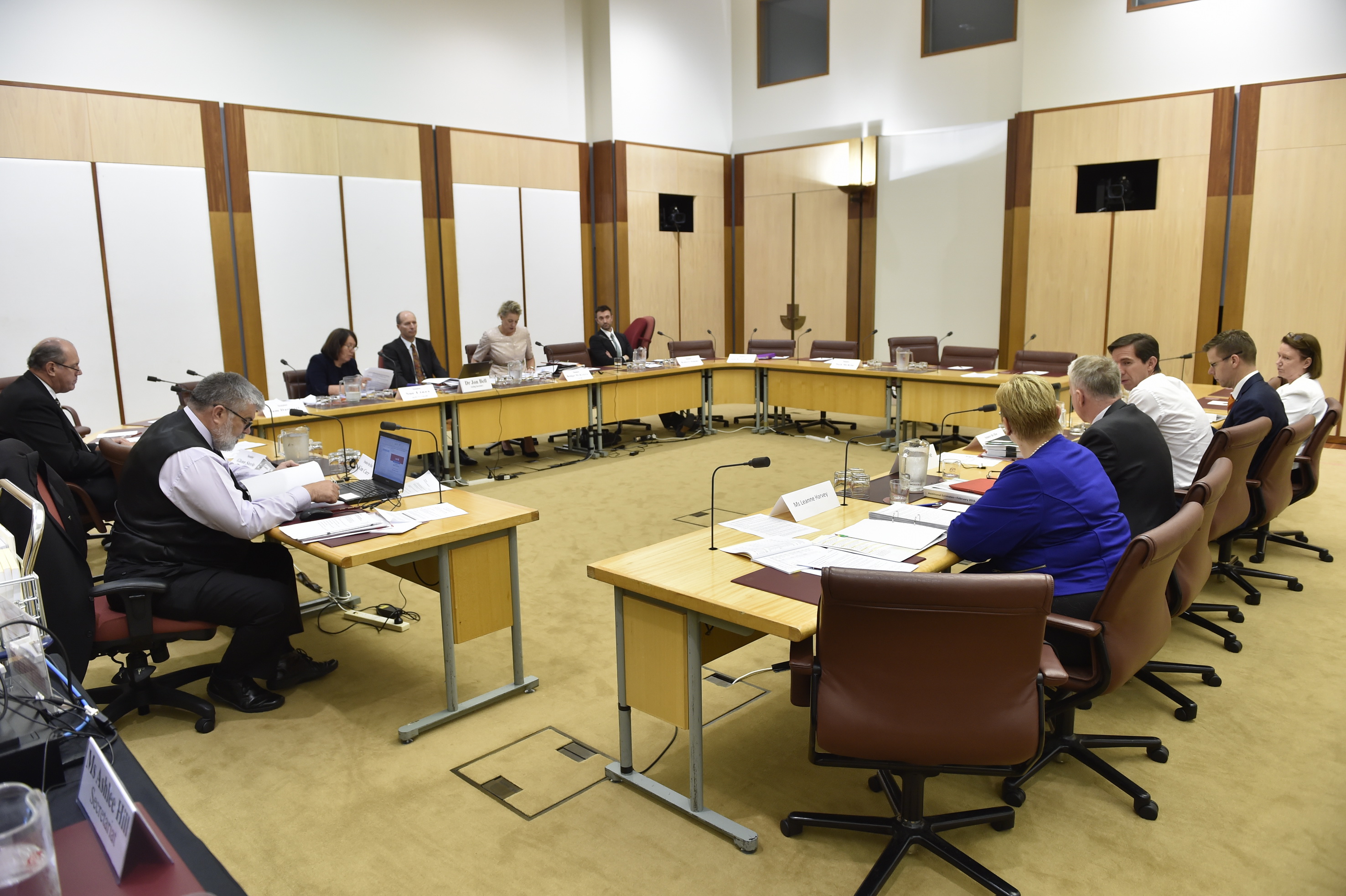 \x3cp\x3eEducation and Employment Legislation Committee questioning Senator Simon Birmingham, Minister for Education and Training, and officers from the Department of Education and Training and the Australian Research Council at an additional estimates hearing, 10 February 2016.  Seated facing witnesses clockwise from left: Senators Kim Carr, David Johnston and Sue Lines [Deputy Chair], Dr Jon Bell [Acting Secretary], Senators Bridget McKenzie [Chair] and Robert Simms. DPS Auspic.\x3c/p\x3e