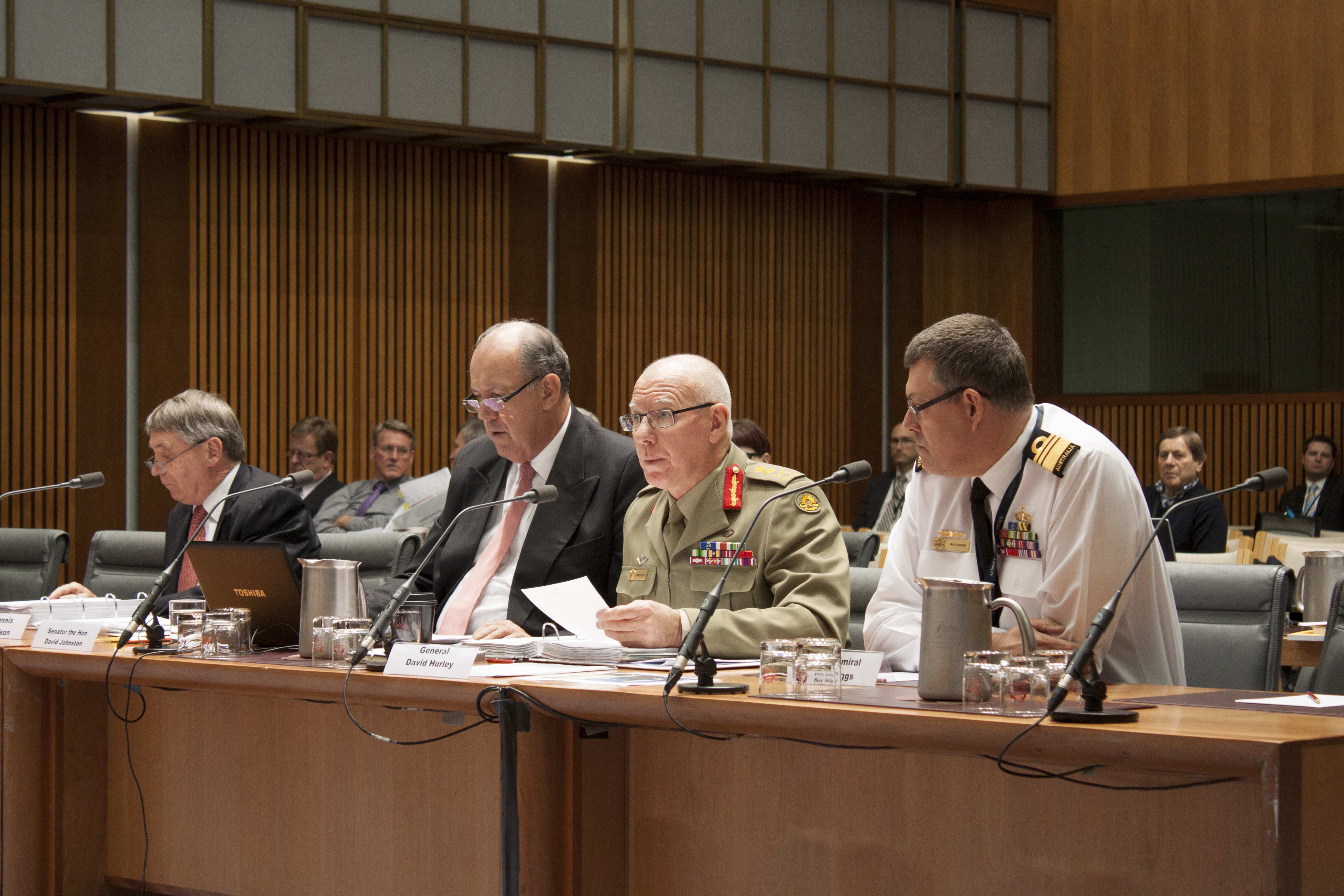 \x3cp\x3eWitnesses at Foreign Affairs, Defence and Trade Legislation Committee budget estimates hearing, 2 June 2014. Seated at witness table L-R: Witnesses Dennis Richardson [Secretary, Department of Defence], Senator David Johnston [Minister for Defence], General David Hurley [Chief of the Defence Force] and Vice Admiral Ray Griggs [Chief of Navy].\x3c/p\x3e