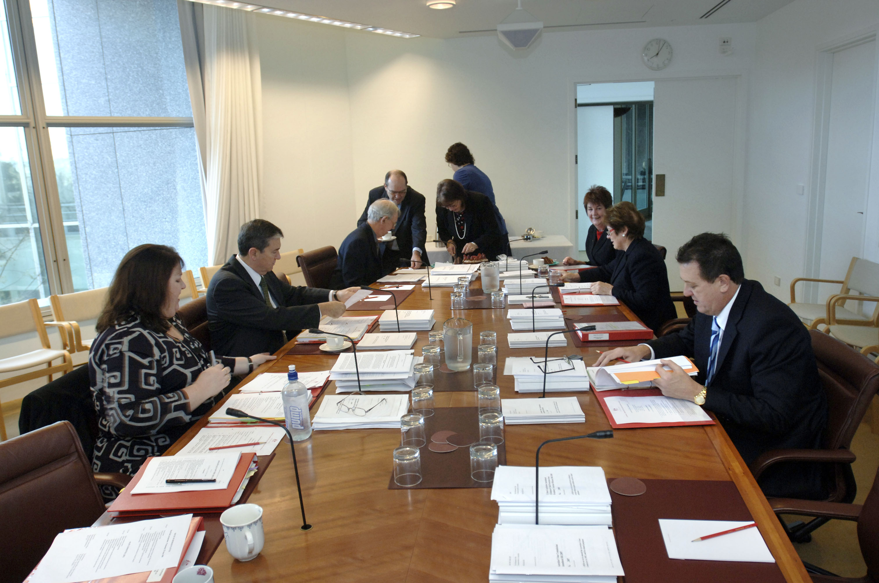 \x3cp\x3eScrutiny of Bills Committee in session, 25 June 2008. L-R: Cheryl Wilson [Committee Secretary], Senator Christopher Ellison [Chair], Professor Jim Davis [Legal Adviser], Andrew Murray, Margaret Lindeman [committee staff], Jacinta Collins, Anne McEwen, Judith Troeth, and Mark Bishop [Deputy Chair].\x3c/p\x3e