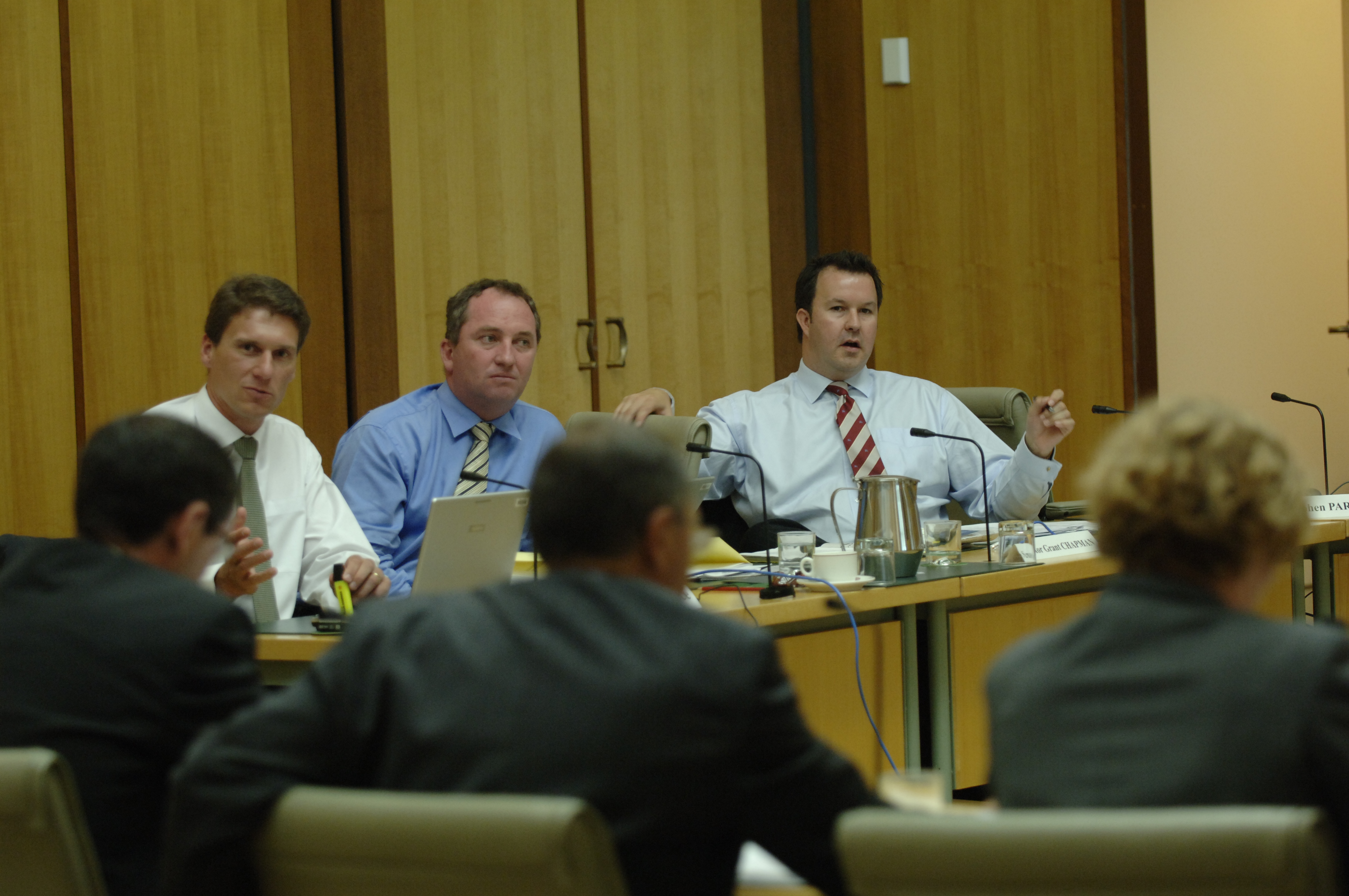 \x3cp\x3eEconomics Committee member Senator David Bushby questioning officers at an additional estimates hearing, 20 February 2008. L-R: Senators Cory Bernardi, Barnaby Joyce and David Bushby. DPS Auspic.\x3c/p\x3e