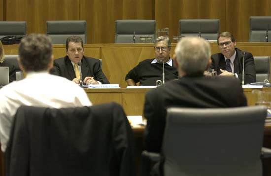 \x3cp\x3eForeign Affairs, Defence and Trade Legislation Committee members Senators Chris Evans, Robert Ray and John Faulkner at a budget estimates hearing, 2 June 2004. DPS Auspic.\x3c/p\x3e