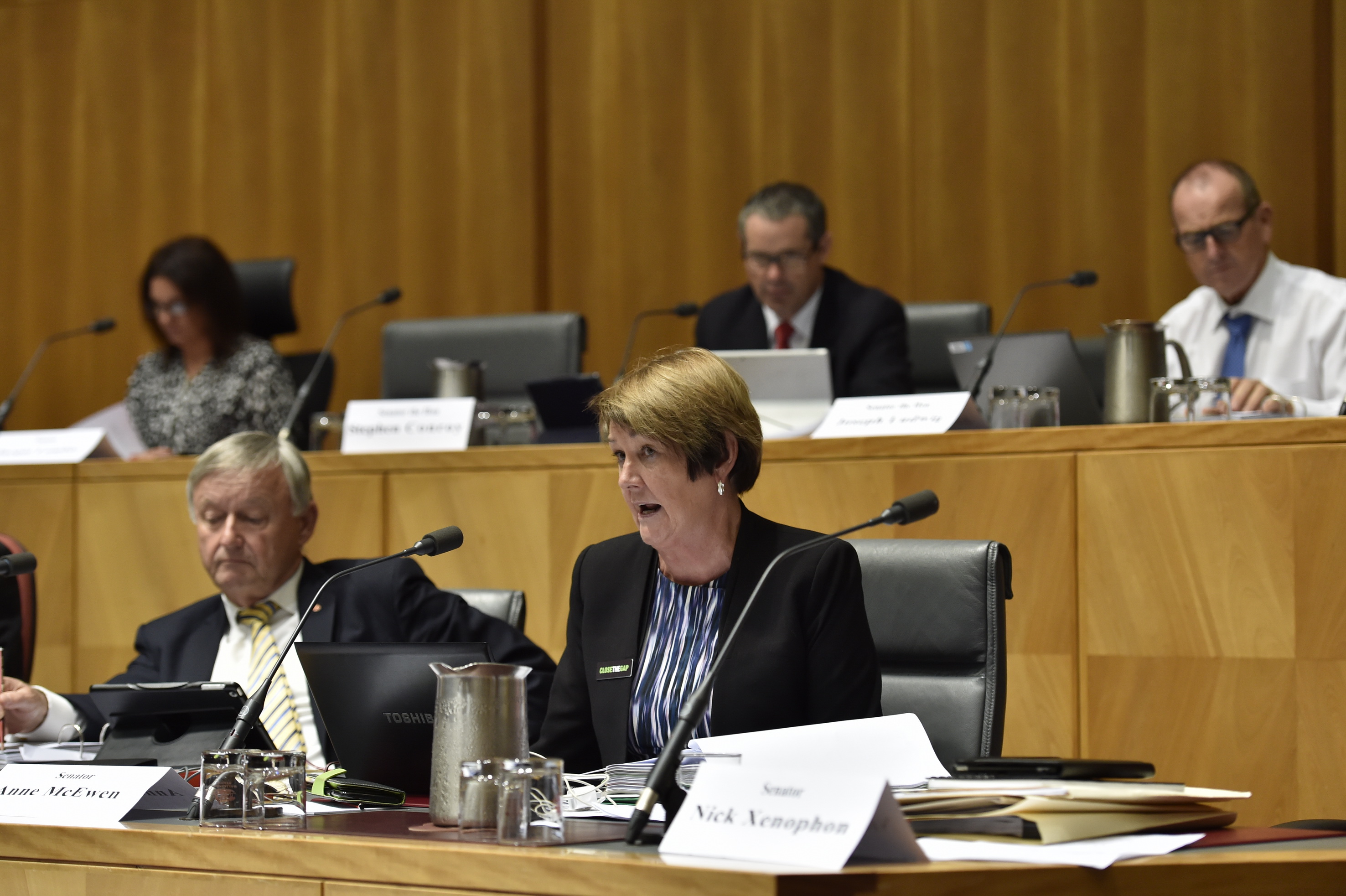 \x3cp\x3eCommittee member Senator Anne McEwen questioning witnesses, 10 February 2016. Top row L-R: Senators Jacqui Lambie, Stephen Conroy and Joe Ludwig. Bottom row L-R: Senators Alex Gallacher [Deputy Chair] and Anne McEwen. DPS Auspic.\x3c/p\x3e