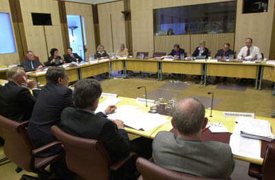 \x3cp\x3eCommunity Affairs Legislation Committee members hearing evidence from witnesses at a public hearing held on 24 September 2002 of the inquiry into the provisions of the Research Involving Embryos and Prohibition of Human Cloning Bill 2002. Seated facing camera L-R: Senators Len Harris, Jacinta Collins, Mark Bishop, Jan McLucas and Kay Denman, Elton Humphery [Secretary], Senators Sue Knowles [Chair], Alan Eggleston and Guy Barnett. DPS Auspic.\x3c/p\x3e