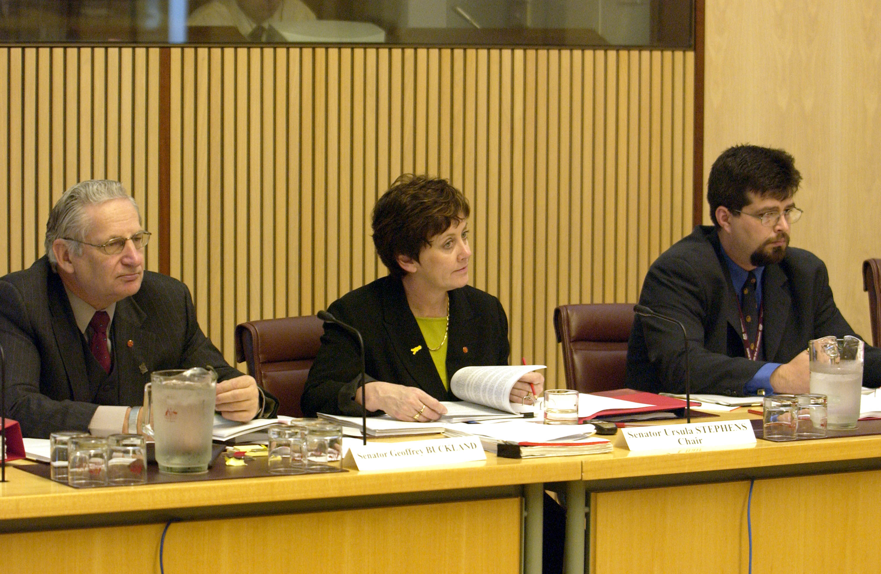 \x3cp\x3eEconomics References Committee at a public hearing of its inquiry into the effectiveness of the Trade Practices Act 1974 in protecting small business, 17 October 2003. L-R: Senators Geoff Buckland and Ursula Stephens [Chair], Dr Anthony Marinac [Acting Secretary]. DPS Auspic.\x3c/p\x3e