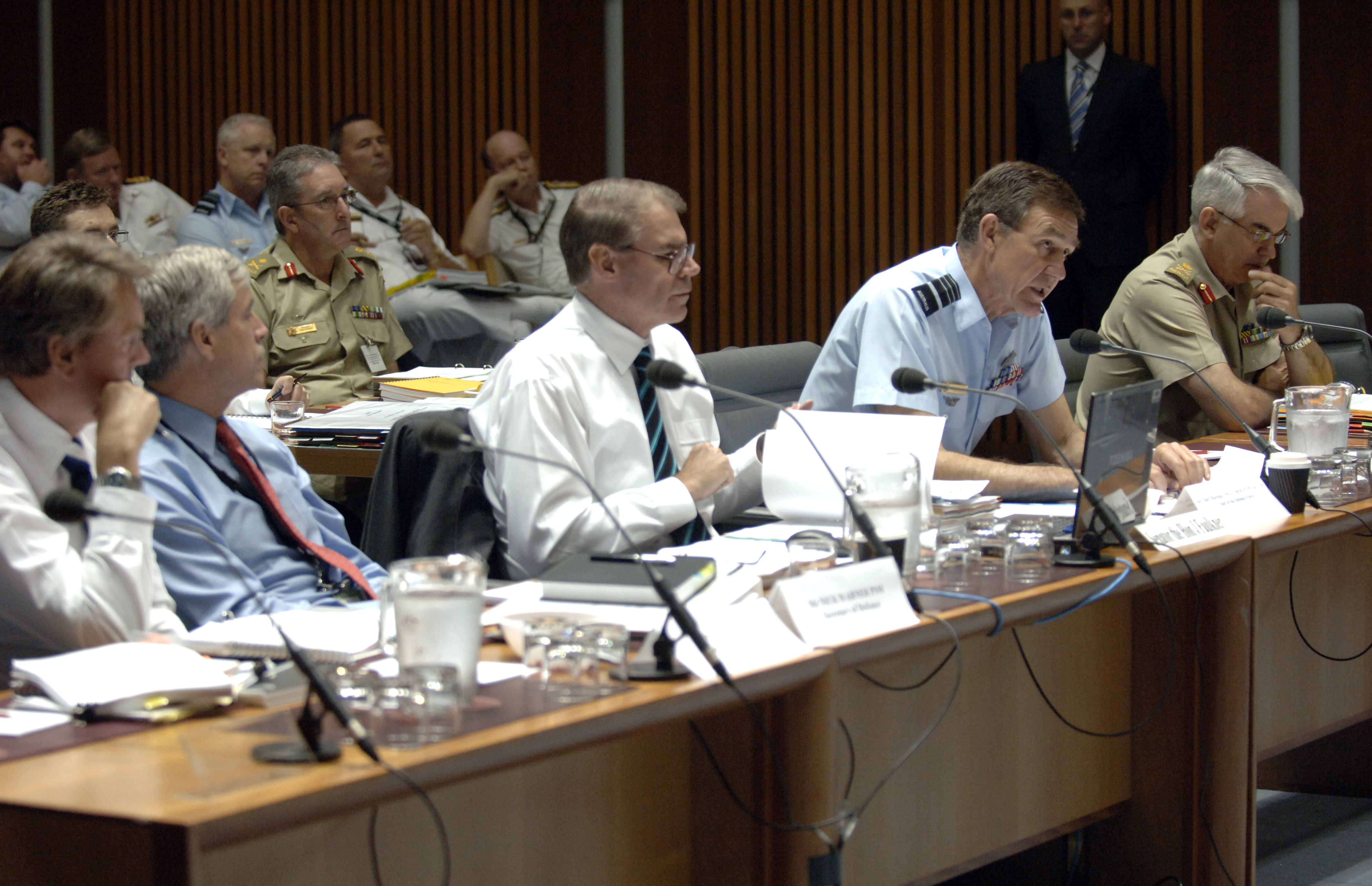 \x3cp\x3eStanding Committee on Foreign Affairs, Defence and Trade, 25 February 2009. Seated at witness table facing camera L-R: Witnesses Phillip Prior and Nick Warner from the Department of Defence, Senator John Faulkner [Special Minister of State], Air Chief Marshal Angus Houston [Chief of the Defence Force] and Lieutenant General Ken Gillespie [Chief of Army]. DPS Auspic.\x3c/p\x3e