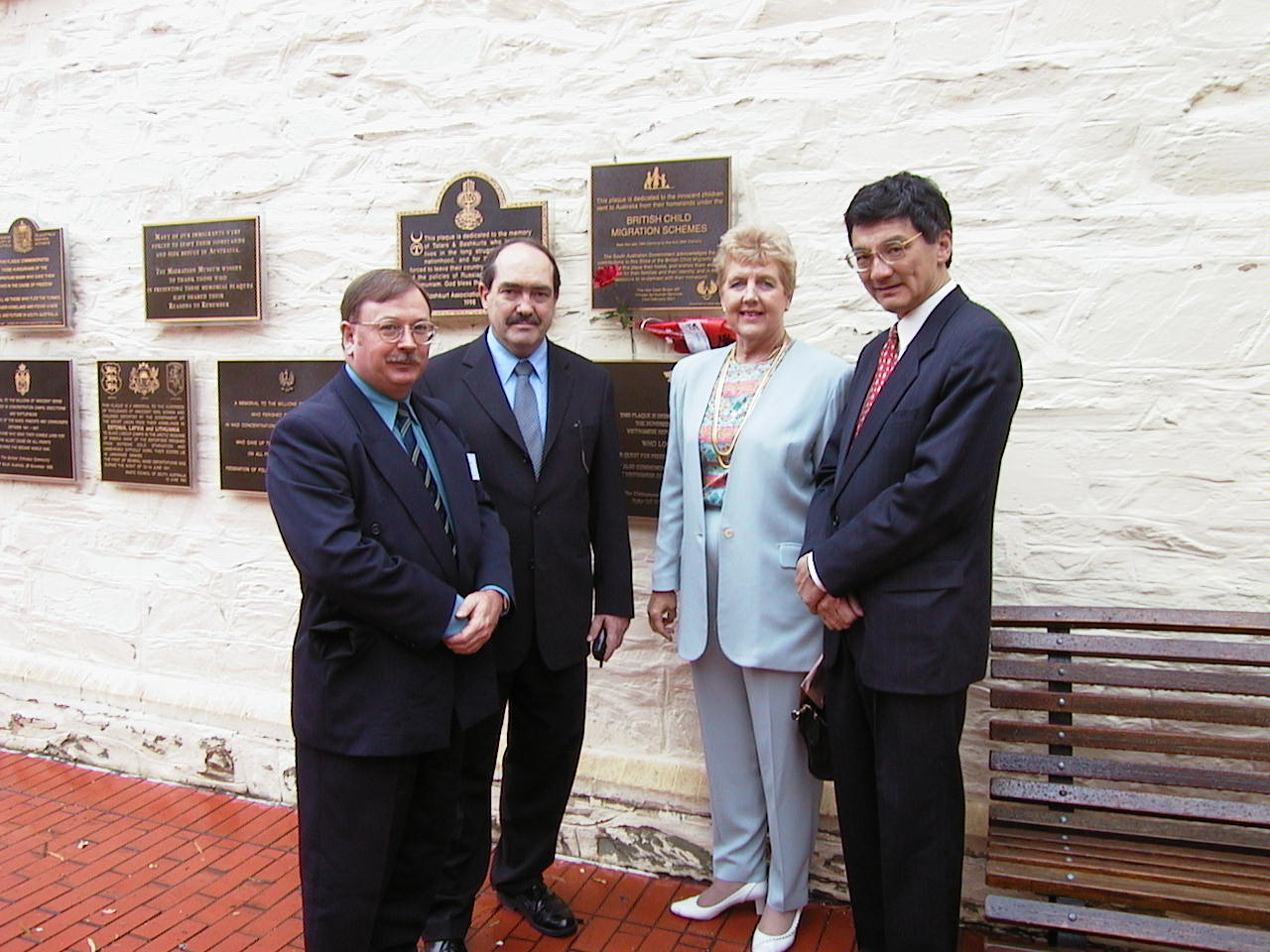 \x3cp\x3eCommunity Affairs References Committee viewing a plaque commemorating British child migrants at the South Australian Migration Museum, Adelaide, 16 March 2001. L-R: Elton Humphery [Secretary], Senators Andrew Murray, Rosemary Crowley [Chair] and Tsebin Tchen.\x3c/p\x3e