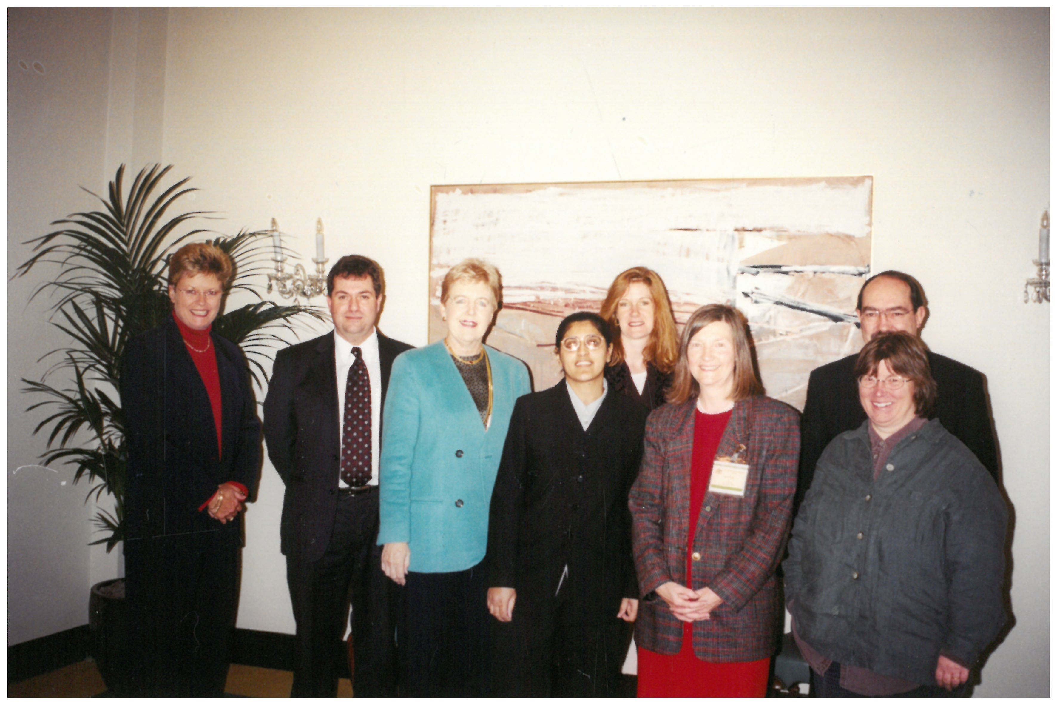 \x3cp\x3eCommunity Affairs References Committee meeting with representatives of the National Council of Voluntary Child Care Organisations (NCVCCO) at Australia House, London, during the committee\'s parliamentary delegation to the United Kingdom, 20 April 2001. L-R: Senator Sue Knowles [Deputy Chair], Ian Thwaites [Senior Social Worker, Child Migrants Trust and Steering Group Member], Senator Rosemary Crowley [Delegation Leader; Chair], Rizwana Shah [Child Migrant Project Administrator, NCVCCO], Kathryn Hutton [Australian Desk Officer, Foreign and Commonwealth Office], Erica Deâ€™Ath [Chief Executive, NCVCCO], Senator Andrew Murray and Joan Kerry [Steering Group Member].\x3c/p\x3e