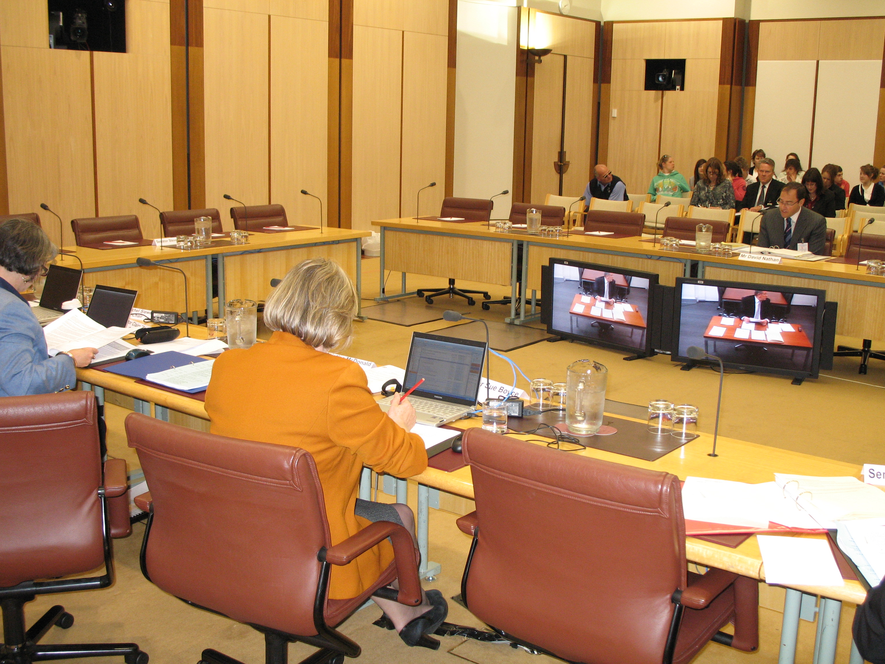 \x3cp\x3eCommunity Affairs Legislation Committee hearing evidence from witnesses, one via videoconference, 6 August 2009. DPS Auspic.\x3c/p\x3e