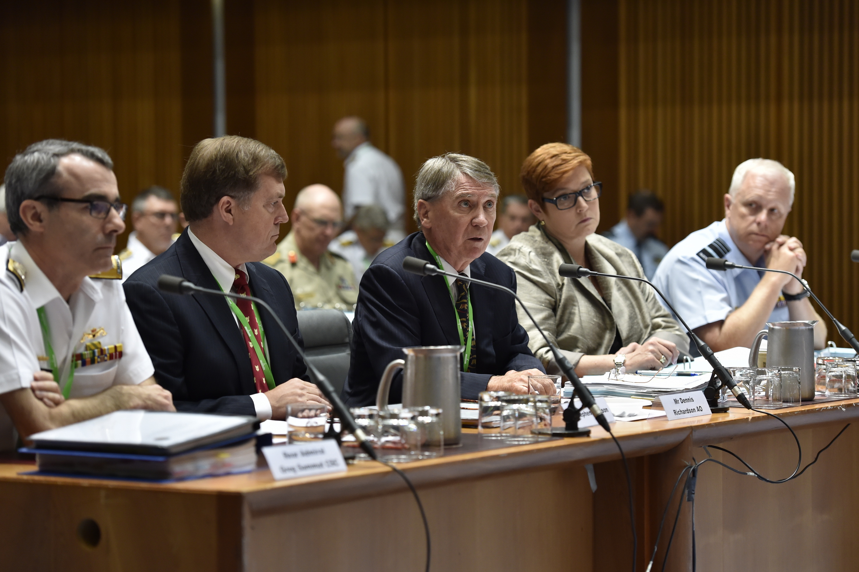 \x3cp\x3eForeign Affairs, Defence and Trade Legislation Committee additional estimates hearing, 10 February 2016. L-R: Department of Defence witnesses Rear Admiral Greg Sammut [Head, Future Submarine Program], Stephen Johnson [General Manager, Submarines] and Dennis Richardson [Secretary] with Senator the Hon Marise Payne [Minister for Defence] and Air Chief Marshal Mark Binskin [Chief of the Defence Force]. DPS Auspic.\x3c/p\x3e