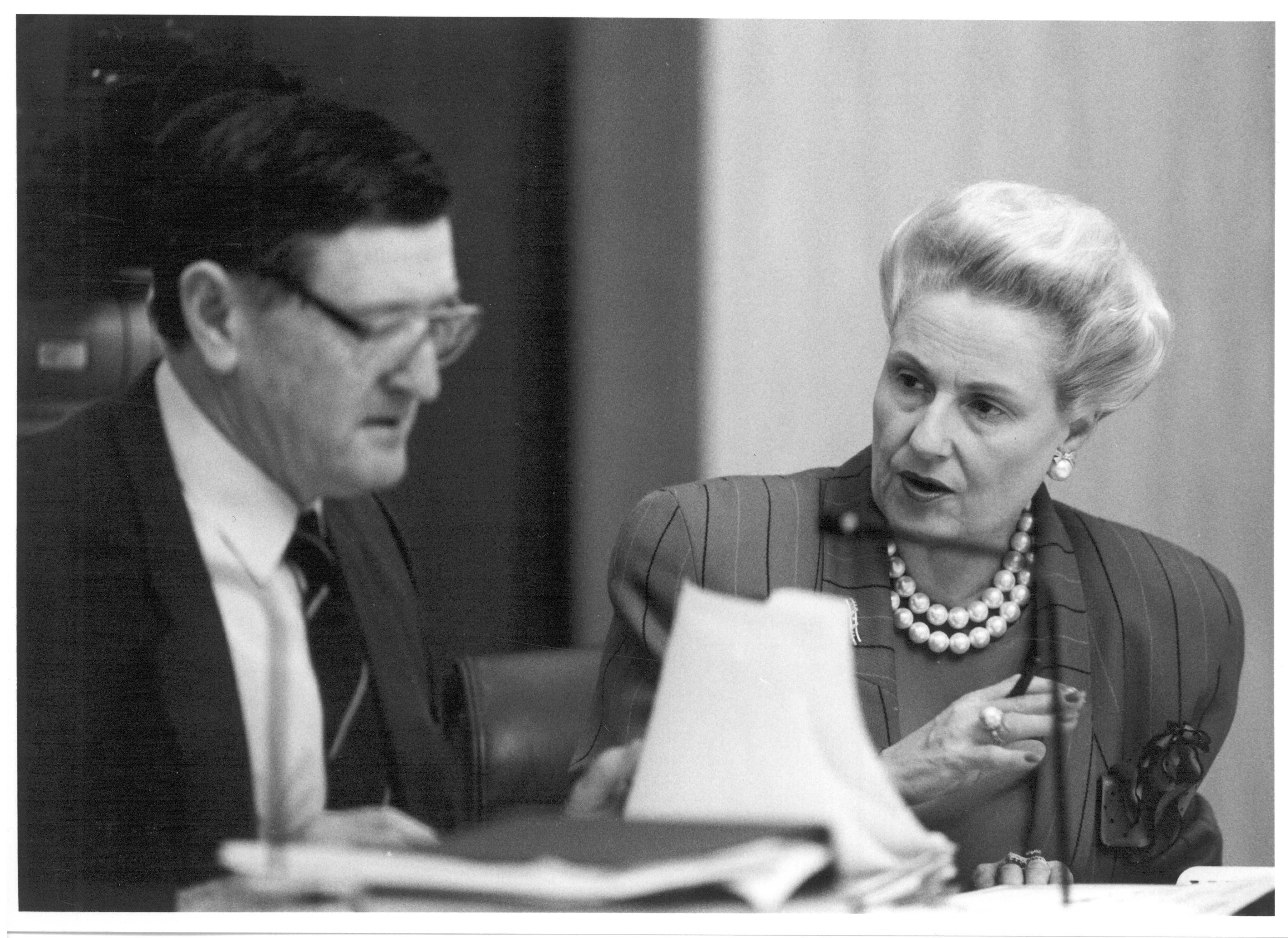 \x3cp\x3eEstimates Committee A members Senators John Watson and Bronwyn Bishop examining estimates documents, supplementary budget estimates hearing, 11 October 1991. \x3c/p\x3e